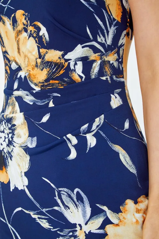 Women Orange Fitted Textured Floral Print Ruched Dress Roman Dresses