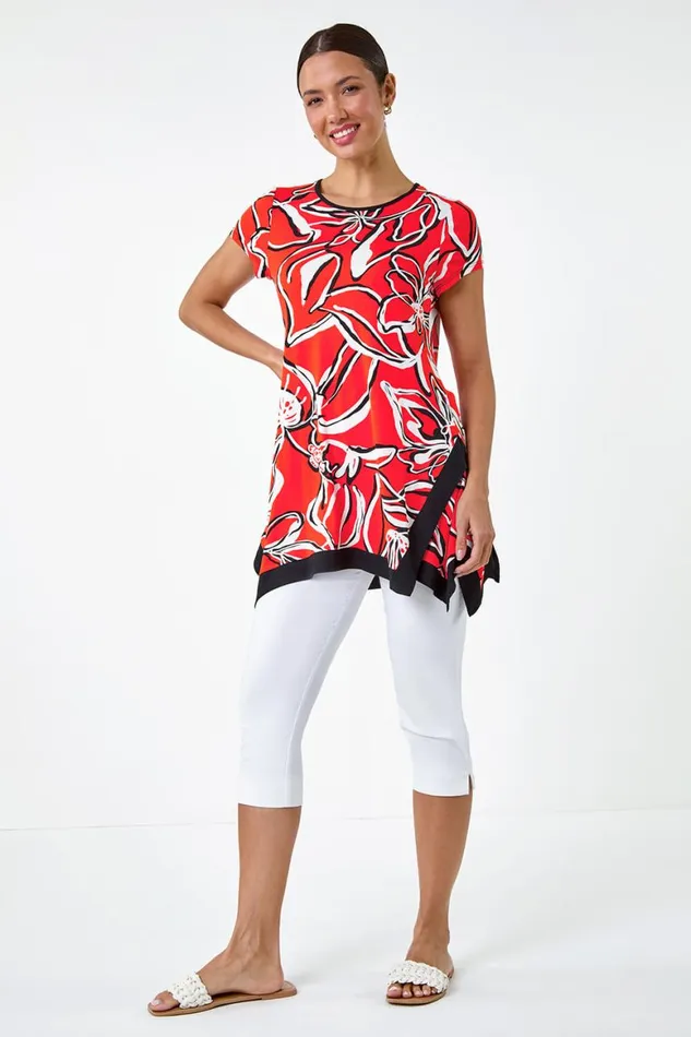 Women Orange Floral Contrast Stretch Hanky Hem Top Roman Tops