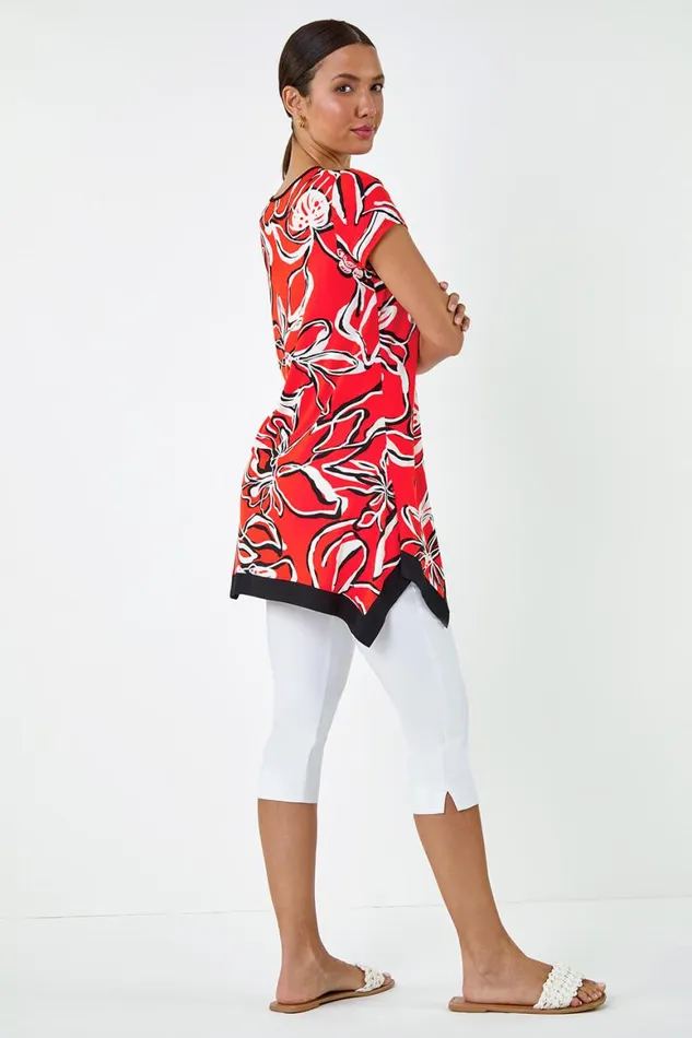 Women Orange Floral Contrast Stretch Hanky Hem Top Roman Tops