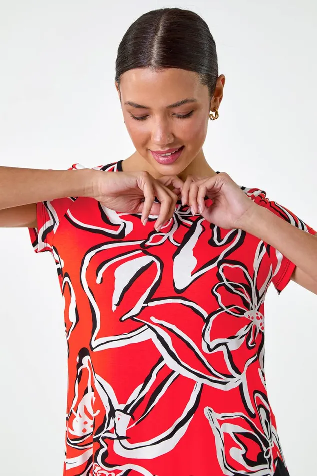 Women Orange Floral Contrast Stretch Hanky Hem Top Roman Tops