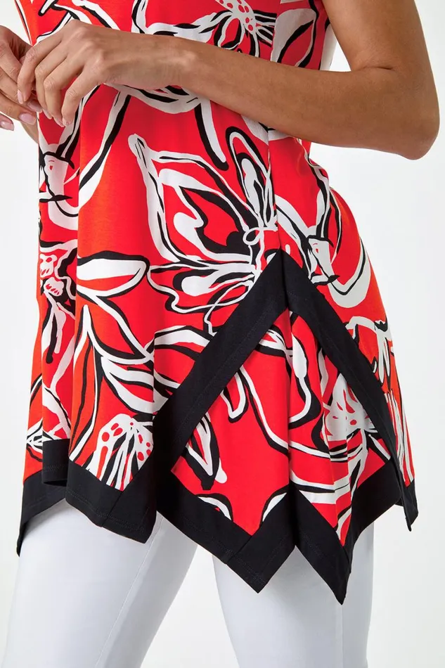 Women Orange Floral Contrast Stretch Hanky Hem Top Roman Tops