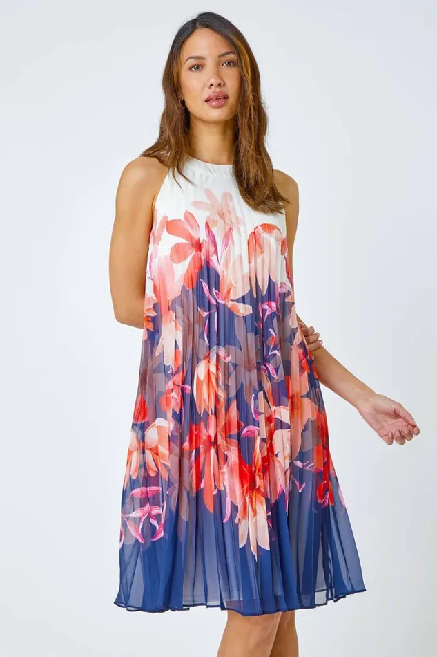 Women Orange Floral Print Pleated Swing Dress Roman Dresses