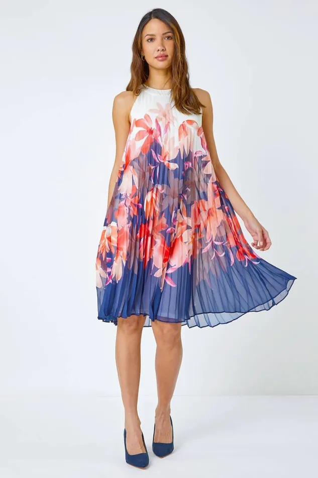 Women Orange Floral Print Pleated Swing Dress Roman Dresses