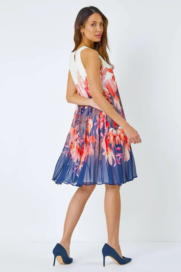 Women Orange Floral Print Pleated Swing Dress Roman Dresses