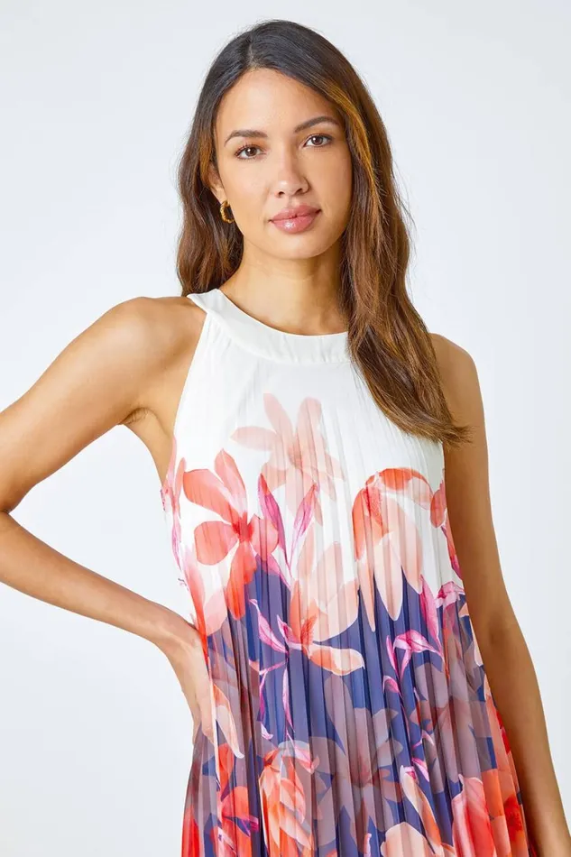 Women Orange Floral Print Pleated Swing Dress Roman Dresses