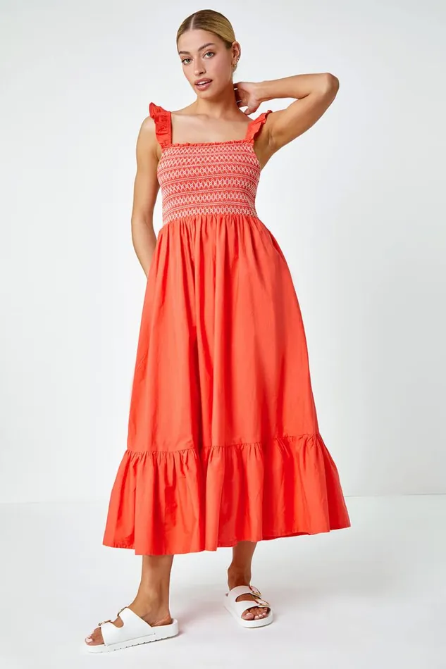 Women Orange Frill Detail Shirred Stretch Midi Dress Roman Dresses