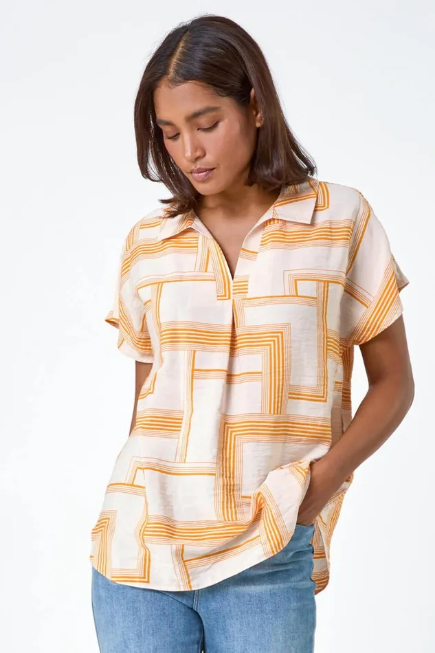 Women Orange Geometric Print Collar Top Roman Tops