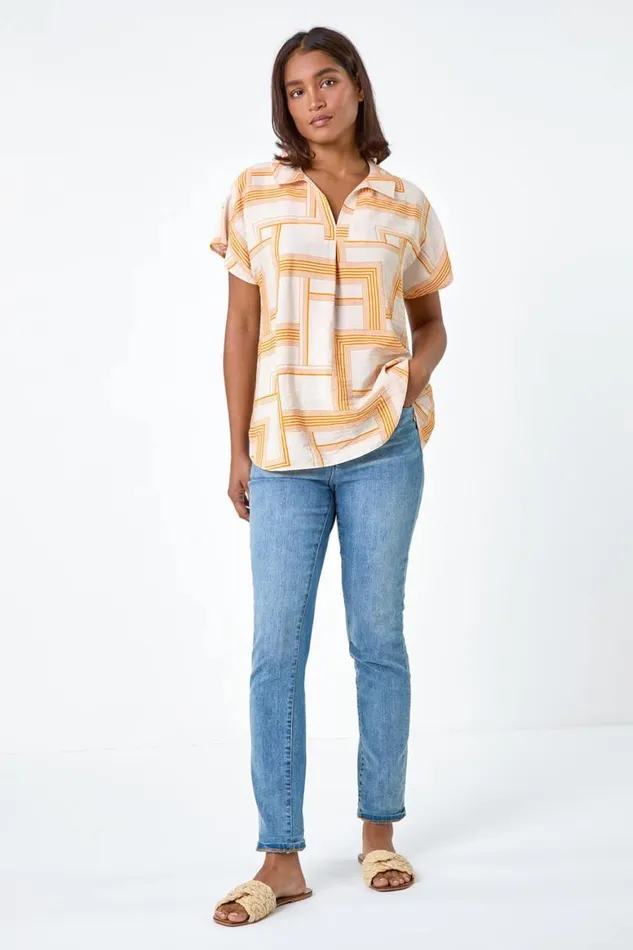 Women Orange Geometric Print Collar Top Roman Tops