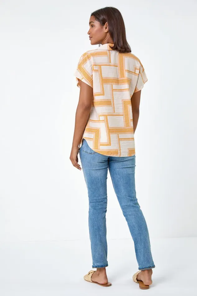 Women Orange Geometric Print Collar Top Roman Tops