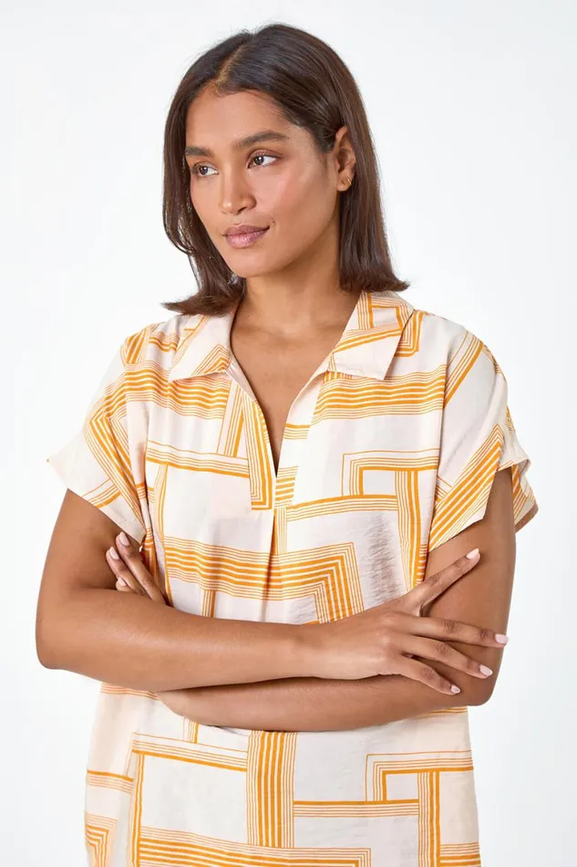 Women Orange Geometric Print Collar Top Roman Tops