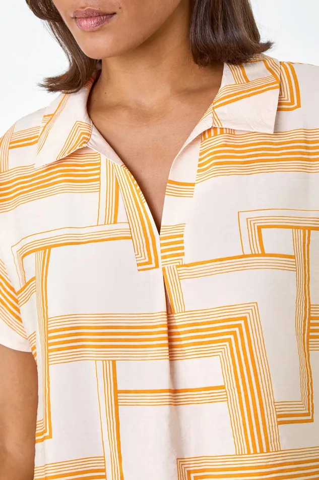 Women Orange Geometric Print Collar Top Roman Tops