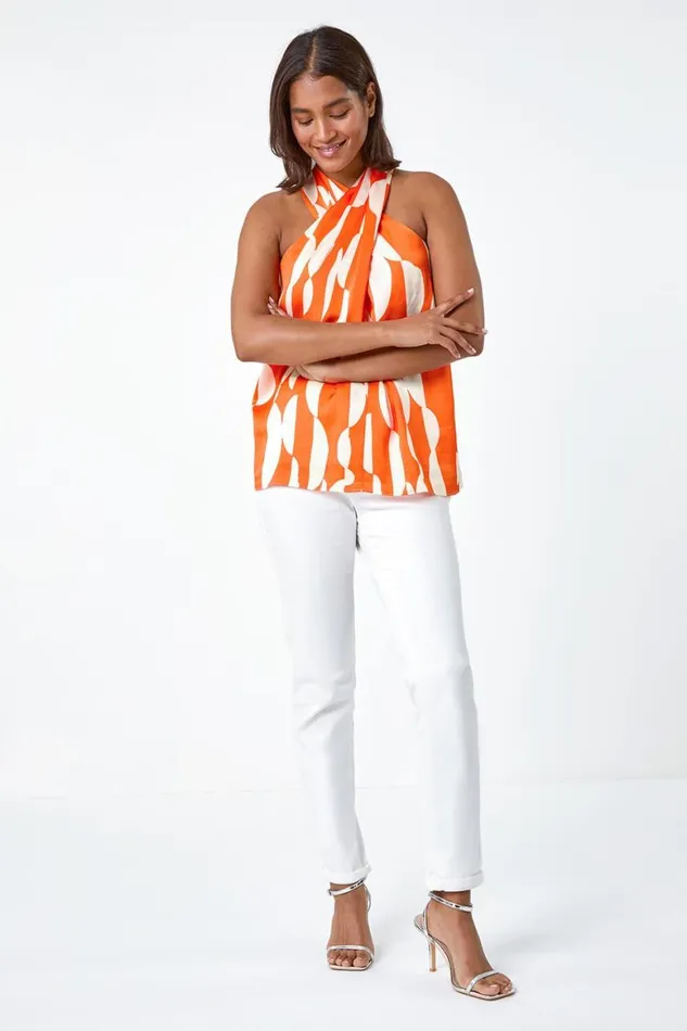 Women Orange Geometric Print Halterneck Satin Top Roman Tops