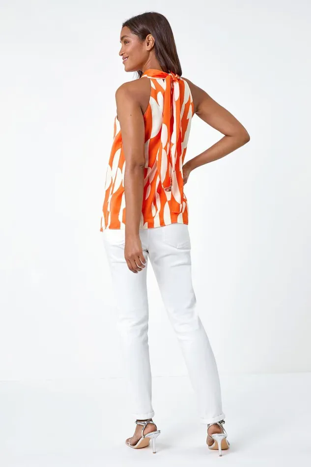 Women Orange Geometric Print Halterneck Satin Top Roman Tops