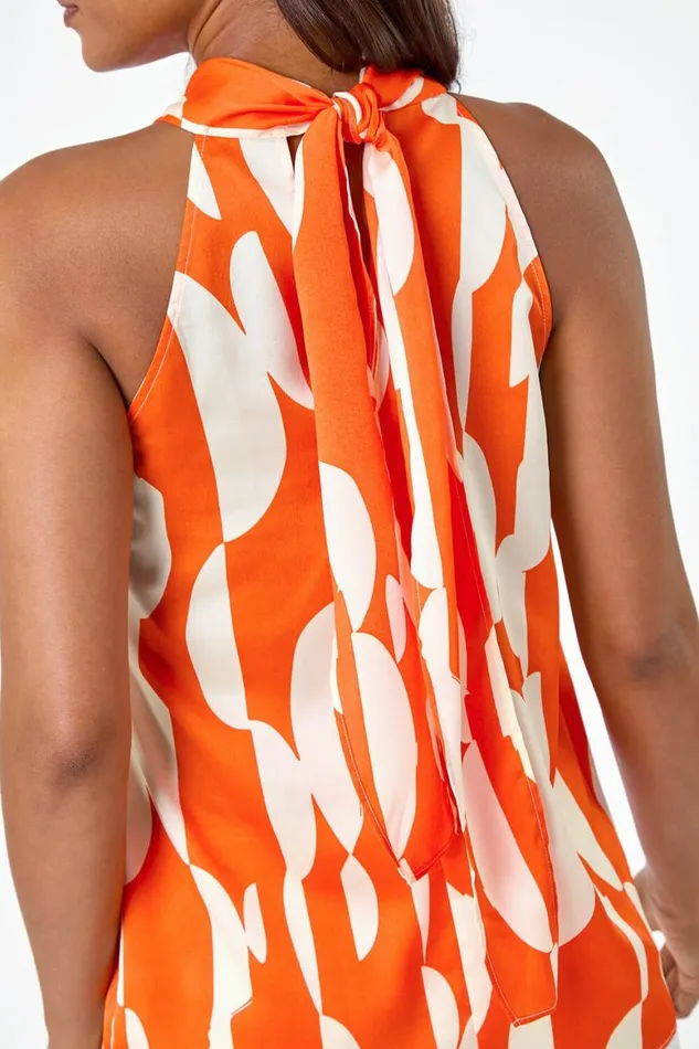 Women Orange Geometric Print Halterneck Satin Top Roman Tops