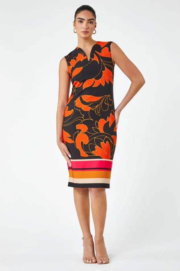 Women Orange LIMITED Floral Print Premium Stretch Dress Roman Dresses