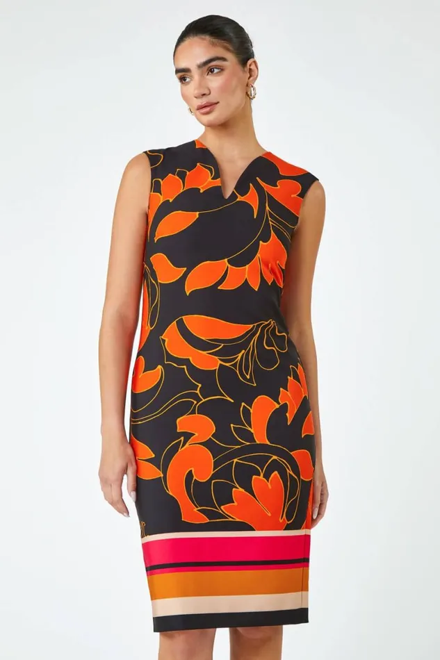 Women Orange LIMITED Floral Print Premium Stretch Dress Roman Dresses