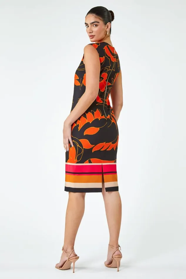 Women Orange LIMITED Floral Print Premium Stretch Dress Roman Dresses