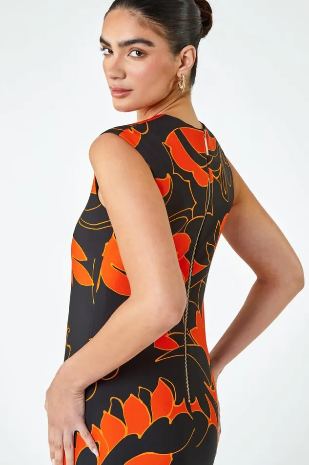 Women Orange LIMITED Floral Print Premium Stretch Dress Roman Dresses
