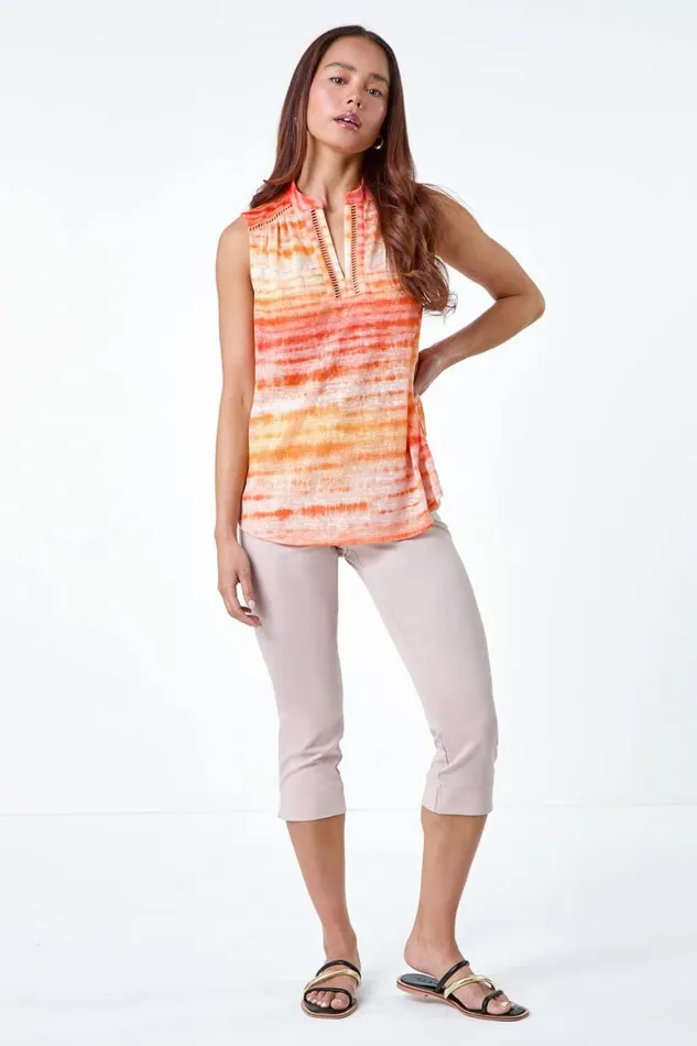 Women Orange Petite Tie Dye Print Top Roman Tops
