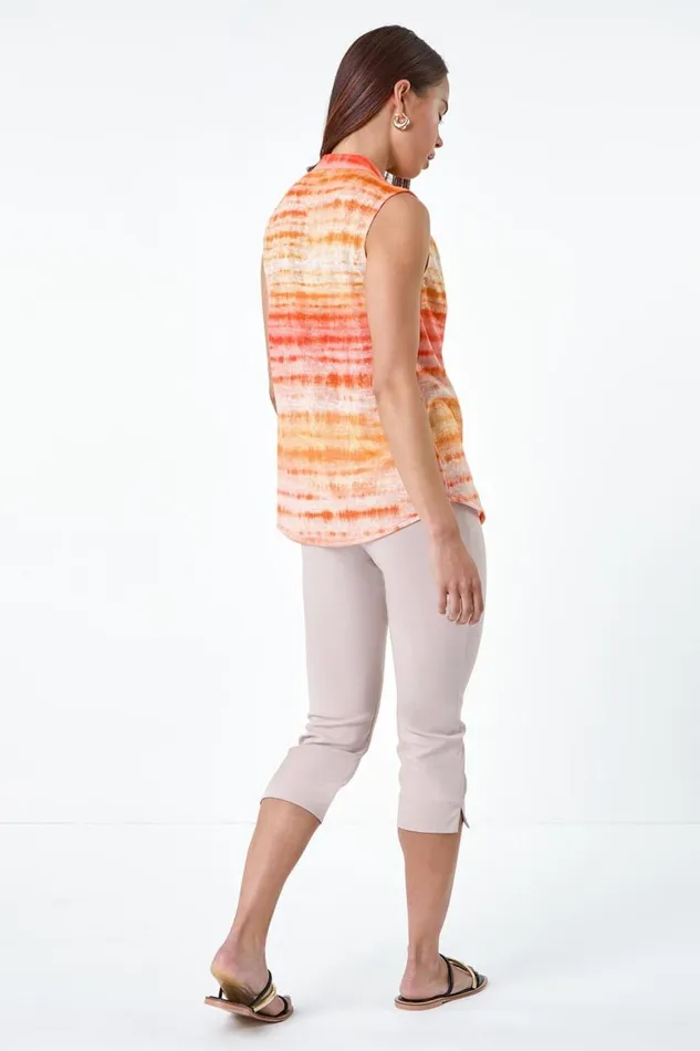 Women Orange Petite Tie Dye Print Top Roman Tops