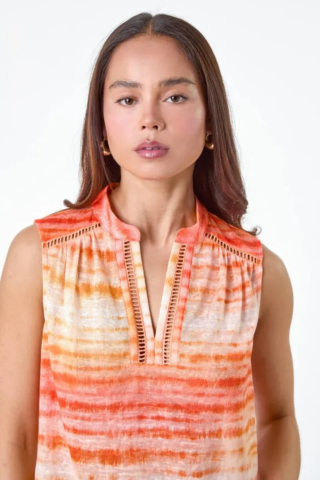 Women Orange Petite Tie Dye Print Top Roman Tops