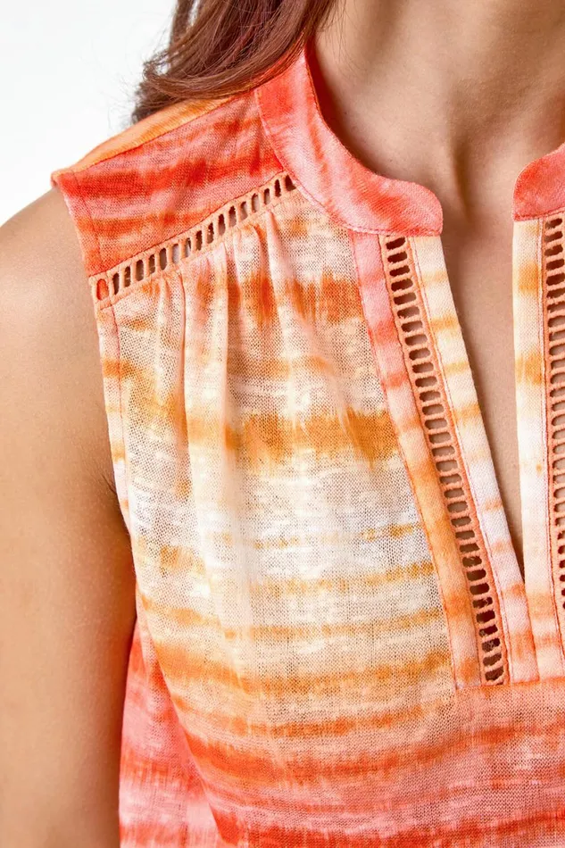 Women Orange Petite Tie Dye Print Top Roman Tops