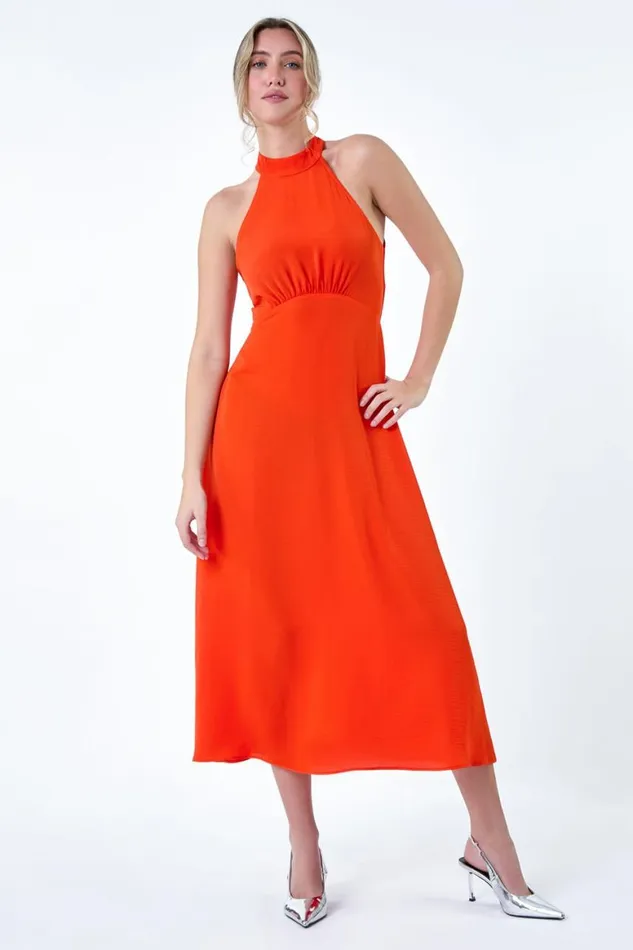 Women Orange Plain Tie Back Halterneck Midi Dress Roman Dresses