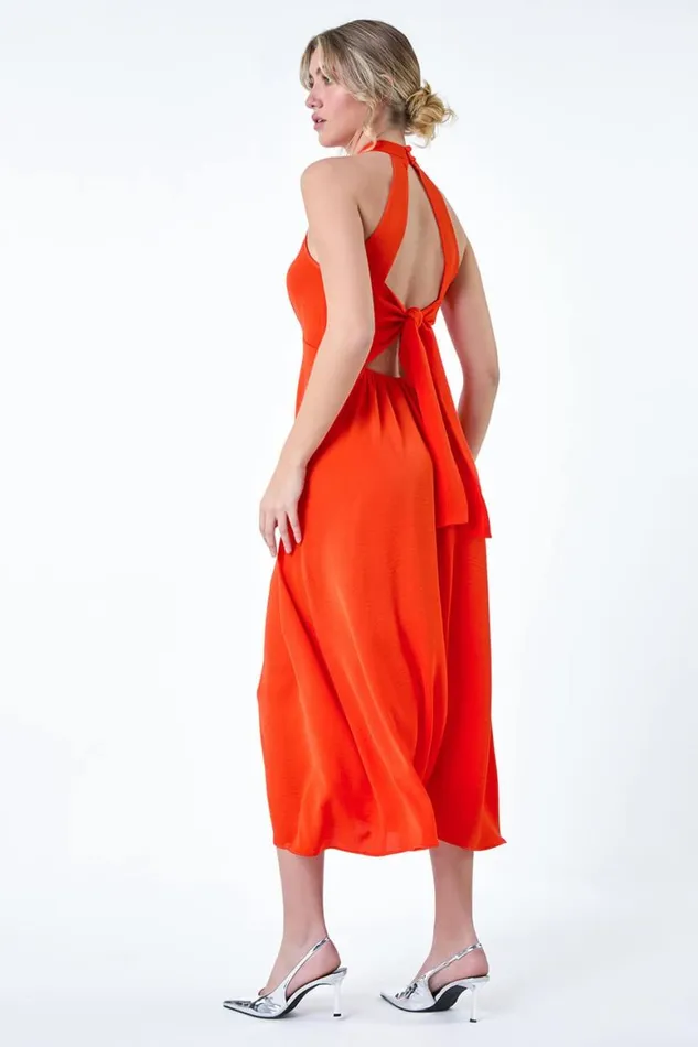 Women Orange Plain Tie Back Halterneck Midi Dress Roman Dresses