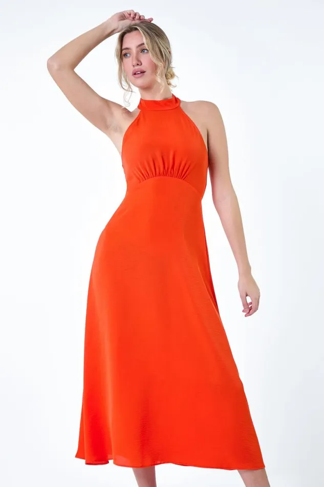 Women Orange Plain Tie Back Halterneck Midi Dress Roman Dresses