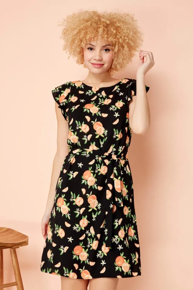 Women Orange Print Frill Sleeve Shift Dress Roman Dresses