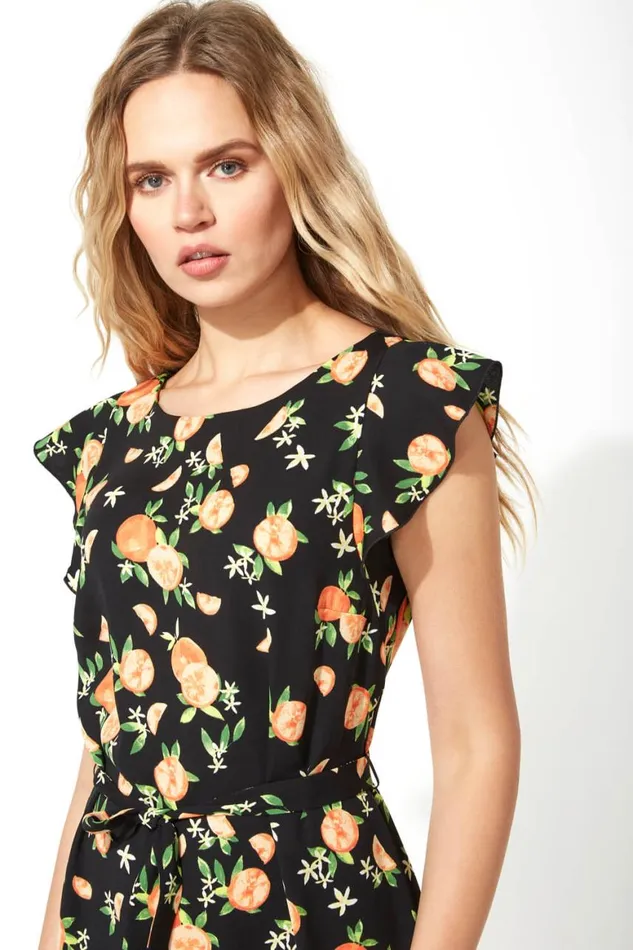 Women Orange Print Frill Sleeve Shift Dress Roman Dresses