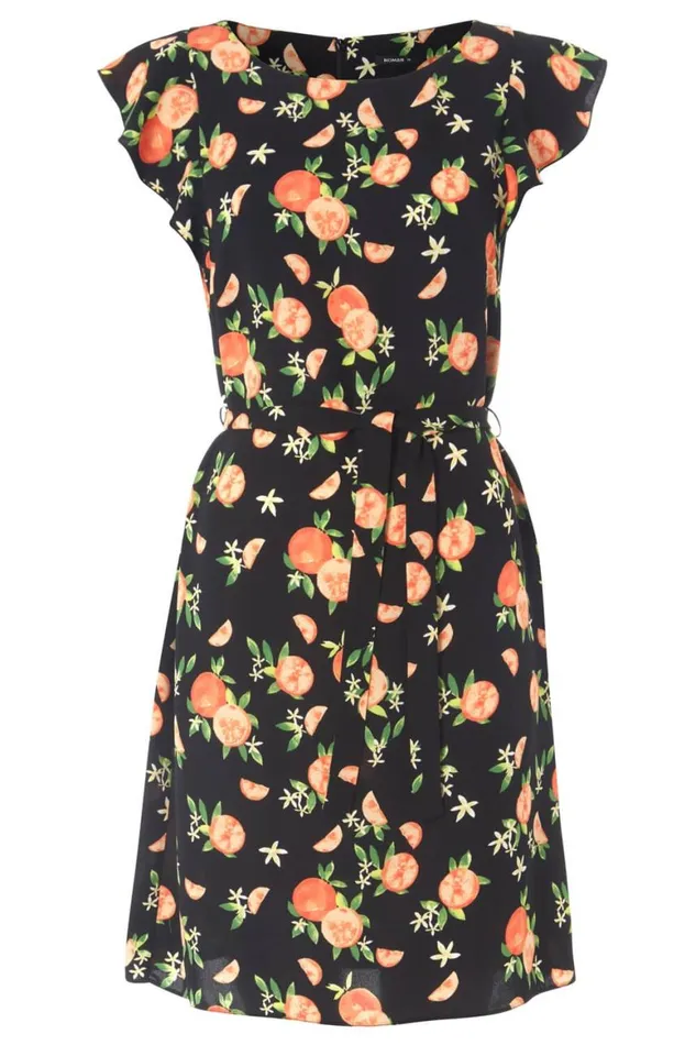 Women Orange Print Frill Sleeve Shift Dress Roman Dresses