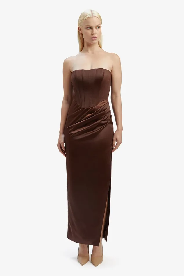 Women Party Dresses Bardot Everlasting Satin Midi Dress In Chocolate Chocolate