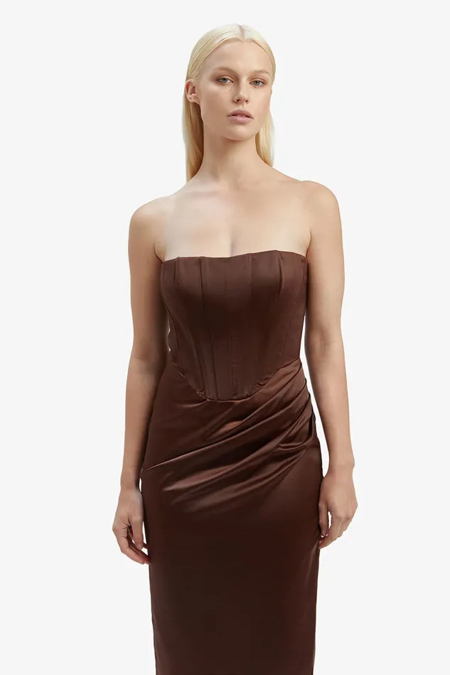 Women Party Dresses Bardot Everlasting Satin Midi Dress In Chocolate Chocolate Women Party Dresses Bardot Everlasting Satin Midi Dress In Chocolate Chocolate