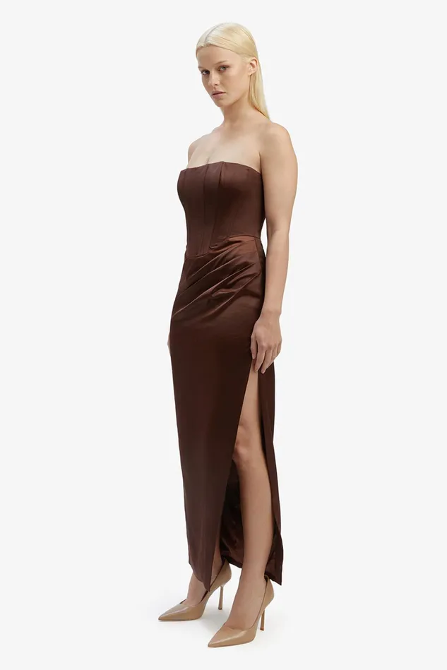 Women Party Dresses Bardot Everlasting Satin Midi Dress In Chocolate Chocolate Women Party Dresses Bardot Everlasting Satin Midi Dress In Chocolate Chocolate
