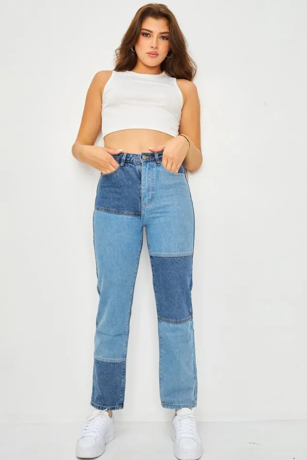 Women Patchwork Straight Leg Jean In Blue Blue Brentiny Paris Jeans