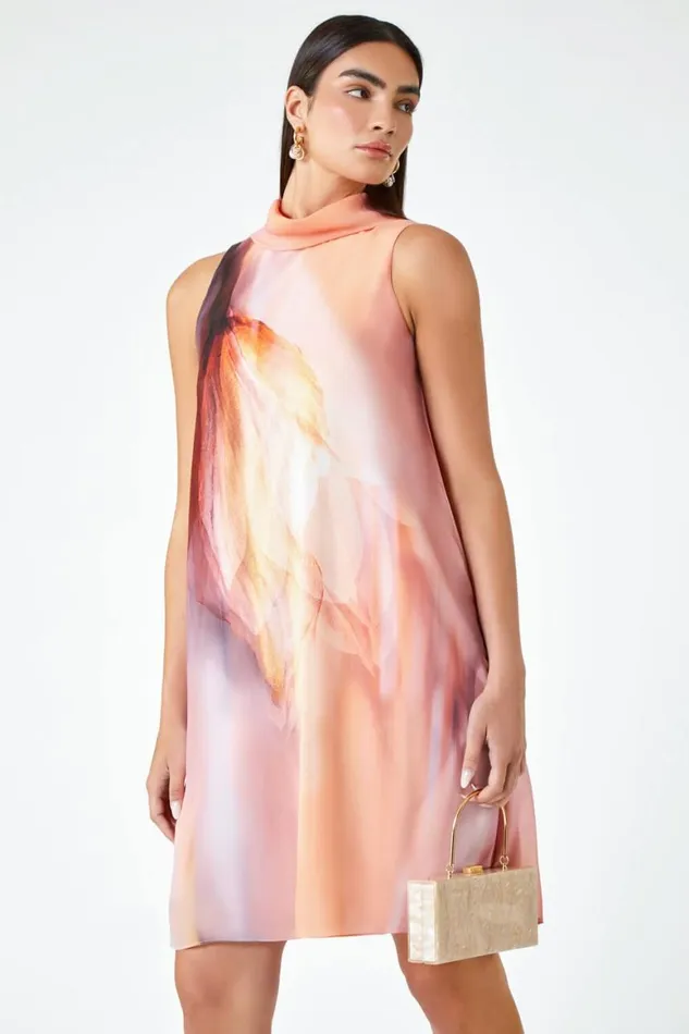 Women Peach LIMITED Printed High Neck Chiffon Shift Dress Roman Dresses