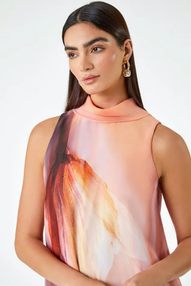Women Peach LIMITED Printed High Neck Chiffon Shift Dress Roman Dresses