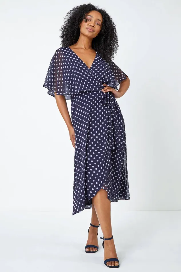 Women Petite Polka Dot Cape Dress Roman Dresses