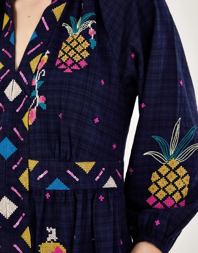 Women Pineapple Embroidered Dress Blue Monsoon Dresses