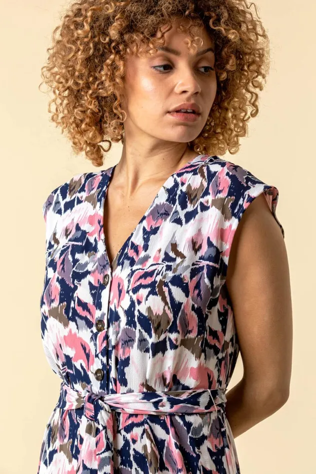 Women Pink Abstract Floral Print Button Down Dress Roman Dresses