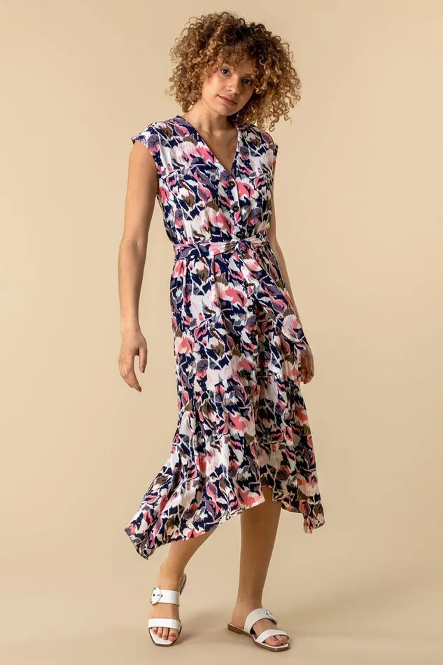 Women Pink Abstract Floral Print Button Down Dress Roman Dresses