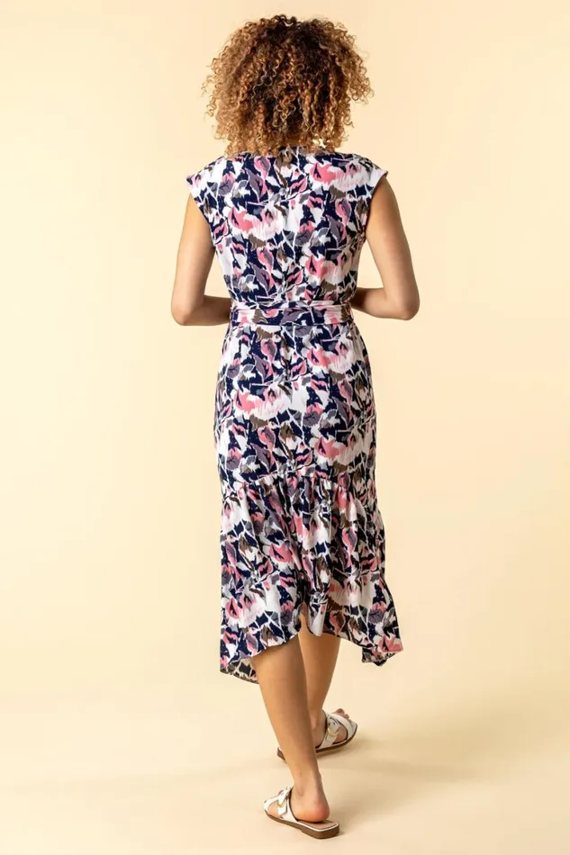 Women Pink Abstract Floral Print Button Down Dress Roman Dresses