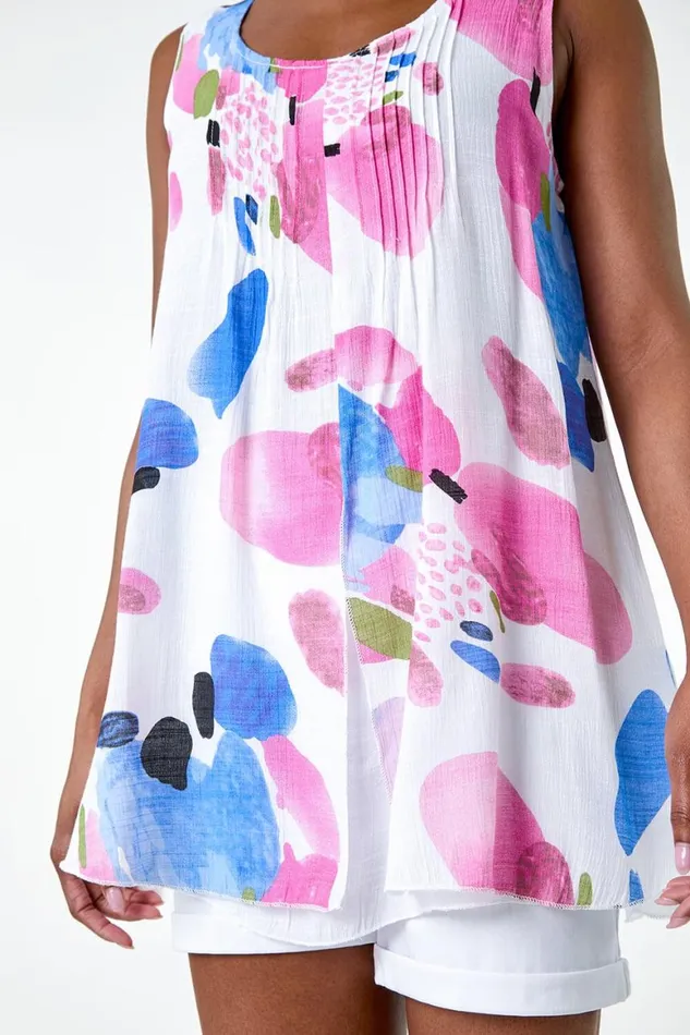 Women Pink Abstract Print Pintuck Overlay Vest Top Roman Tops