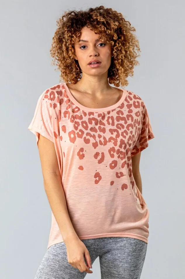 Women Pink Animal Print Diamante Embellished TShirt Roman Tops