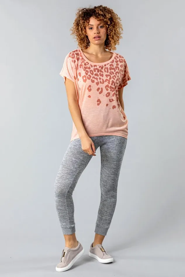 Women Pink Animal Print Diamante Embellished TShirt Roman Tops