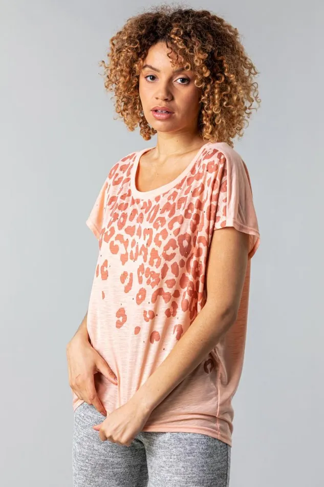 Women Pink Animal Print Diamante Embellished TShirt Roman Tops