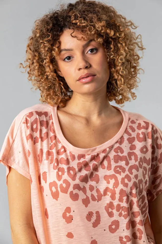 Women Pink Animal Print Diamante Embellished TShirt Roman Tops