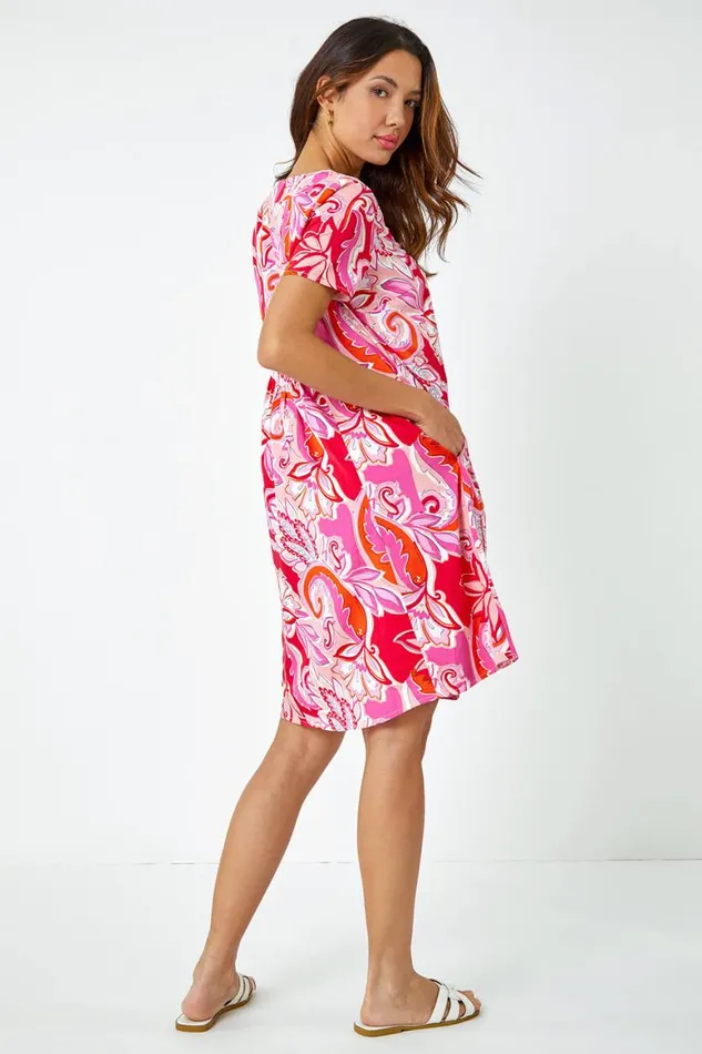 Women Pink Baroque Floral Pocket Tunic Dress Roman Dresses