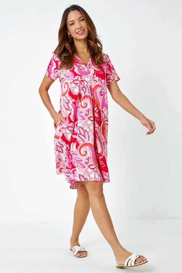 Women Pink Baroque Floral Pocket Tunic Dress Roman Dresses